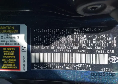 2012 Toyota Camry Se z USA, uszkodzony, nr VIN 4T1BF1FK4CU044906